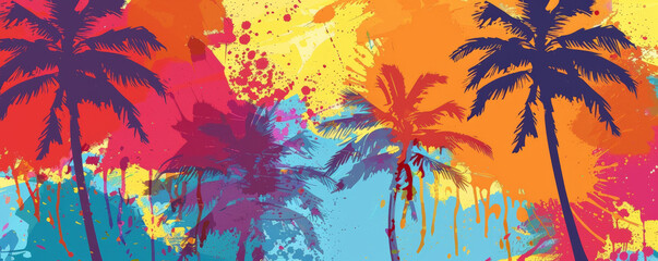 Tropical jazz music background with bright, vibrant colors and palm tree silhouettes. The design captures the lively and carefree spirit of tropical jazz.