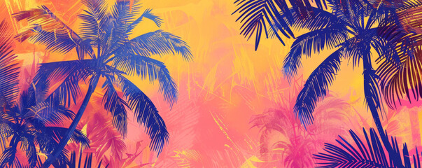 Tropical jazz music background with bright, vibrant colors and palm tree silhouettes. The design captures the lively and carefree spirit of tropical jazz.
