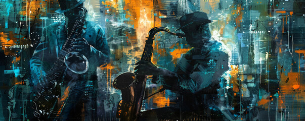 Urban jazz music background with a gritty, industrial aesthetic. Dark colors and sharp lines convey the raw energy of street jazz.