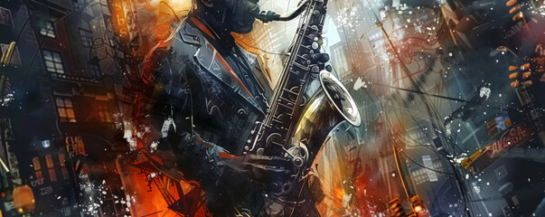 Urban jazz music background with a gritty, industrial feel. Dark colors and sharp lines convey the raw energy of street jazz.