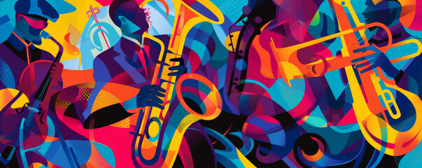 Vibrant jazz festival background with bright, bold colors and abstract shapes. The dynamic design captures the energy and excitement of a live jazz festival.