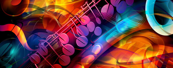 Vibrant jazz music background with a rainbow of colors and dynamic shapes. The energetic design reflects the lively spirit of jazz music.