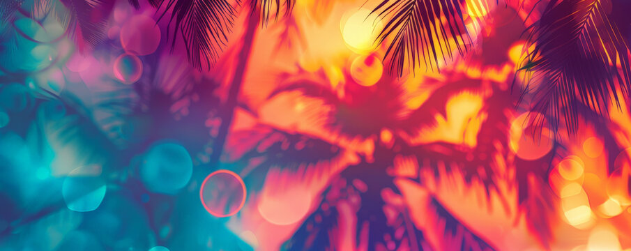 Tropical jazz music background with bright, vibrant colors and palm tree silhouettes. The design captures the lively and carefree spirit of tropical jazz.