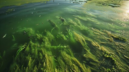 The water is polluted, with green algae covering the water surface and dead fish.