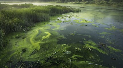 The water is polluted, with green algae covering the water surface and dead fish.