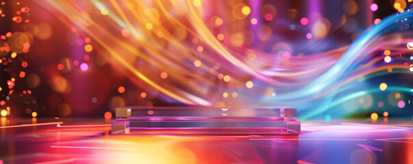 Fototapeta premium Winner award podium background featuring a transparent podium with embedded LED lights, set against a backdrop of swirling colorful lights, creating a vibrant and futuristic atmosphere