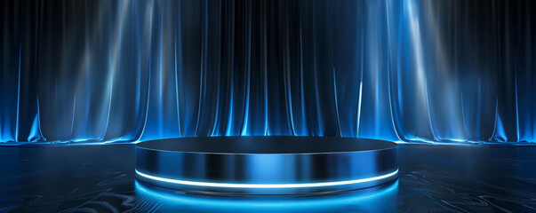 Winner award podium background showcasing a brushed metal podium with blue LED lighting, set against a dark backdrop with dynamic light beams, creating a sleek and modern feel
