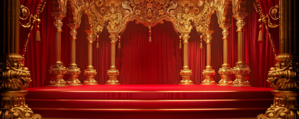 Fototapeta premium Winner award podium background showcasing a grand golden podium with intricate carvings, set against a rich red velvet backdrop with golden tassels, creating a royal and opulent atmosphere