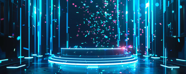 Winner award podium background showcasing a modern glass podium with neon blue lighting, set against a futuristic digital backdrop with animated confetti, creating a high-tech and exciting feel