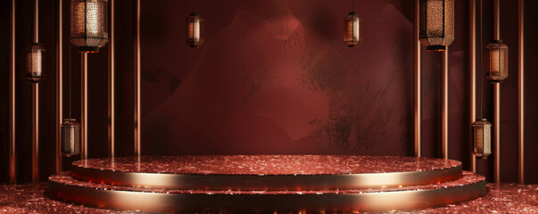 Winner award podium background showcasing a polished granite podium with golden inlays, set against a rich burgundy backdrop with hanging lanterns, evoking a classic and regal feel
