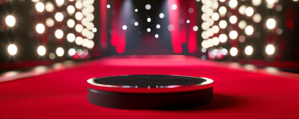 Winner award podium background showcasing a sleek black podium with chrome details, set against a vibrant red carpet and flashing camera lights, evoking the excitement of a red carpet event