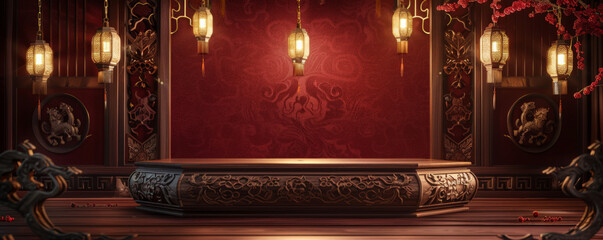 Winner award podium background showcasing a wooden podium with carved details, set against a rich burgundy backdrop with hanging lanterns, evoking a classic and regal feel