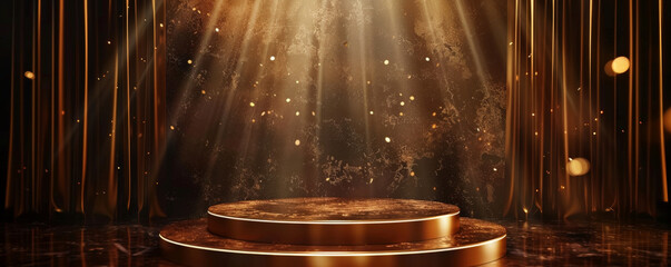 Winner award podium background with a bronze podium and rich brown backdrop, accented with golden highlights and soft spotlighting, creating a warm and prestigious ambiance