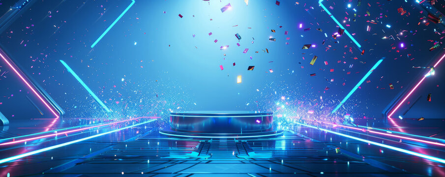 Winner award podium background showcasing a modern glass podium with neon blue lighting, set against a futuristic digital backdrop with animated confetti, creating a high-tech and exciting feel