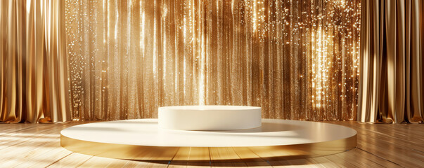 Winner award podium background with a minimalist white podium and gold trim, surrounded by a backdrop of shimmering gold curtains, creating a simple yet elegant scene