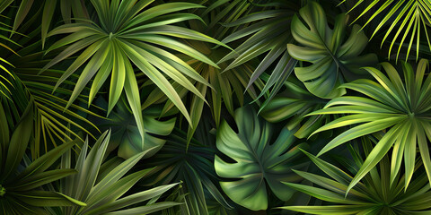 Fototapeta premium Tropical Leaves: Detailed Close-Up Texture of Lush Green Palm Leaves, Showcasing Intricate Veins and Patterns.