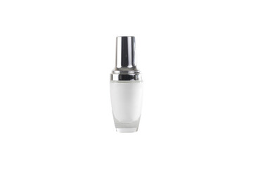 Glass bottle containing a white liquid that is a skin care cosmetic. Glass bottle for mock up. Silver cap, luxury, skin care.