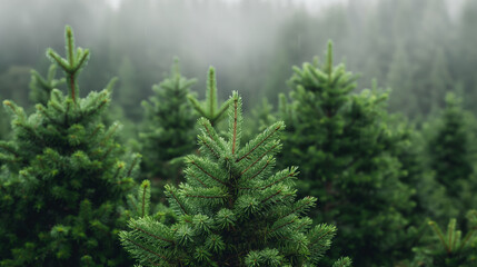 A lush evergreen forest with close-up views of vibrant, green pine trees, misty