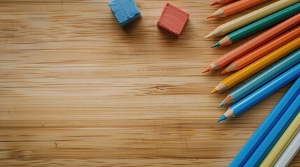 Obraz premium Color pencils and eraser on wooden surface seen from above