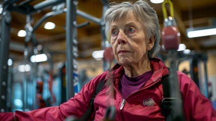 Obraz premium Elderly woman happily exercising in the fitness