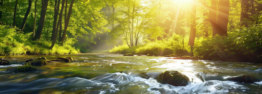 A serene river flowing through a lush, green forest with sunlight streaming through the trees, creating a peaceful and picturesque scene