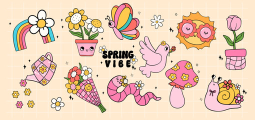 Vibrant Retro groovy Spring flower power vintage 90s item with flower collection doodle line drawing