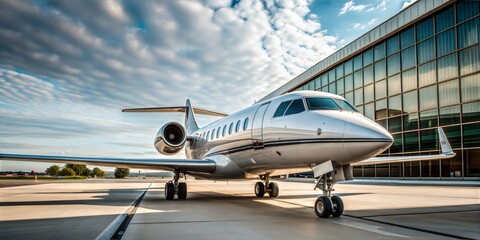 A sleek white private jet stands on a tarmac against a breathtaking sunset sky. Golden sunlight bathes the aircraft and the surrounding area.
