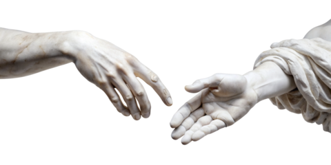 The hands are rendered in a classic, sculptural style, highlighting the intricate details and textures of the stone. The image conveys a sense of unity and understanding.