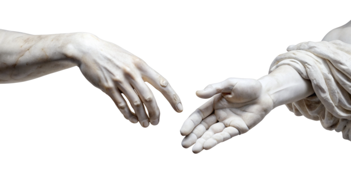 The hands are rendered in a classic, sculptural style, highlighting the intricate details and textures of the stone. The image conveys a sense of unity and understanding.