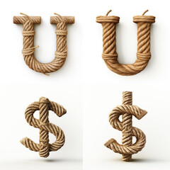 U$, U, $, letter out of jute rustic rope, type, rope, alphabet, text, lettering, typography, 3D style