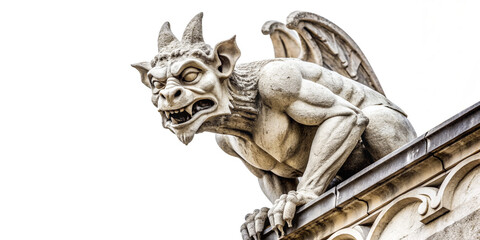 Menacing Gargoyle Perched on Gothic Architecture. A close-up view of a fierce stone gargoyle statue with wings, horns, and a grimacing expression.