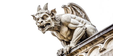 Menacing Gargoyle Perched on Gothic Architecture. A close-up view of a fierce stone gargoyle statue with wings, horns, and a grimacing expression.