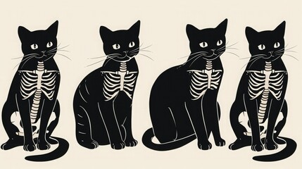 Illustration of black cats with visible skeletons, perfect for Halloween themes or feline anatomy studies.