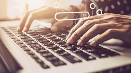 A person types on a keyboard, with a digital search bar overlay suggesting active online searching or data entry, symbolizing modern digital communication and information retrieval.