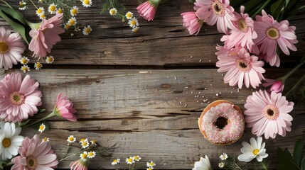 Delicate pink flower frame with chamomile bud donut alstroemerias on wooden background