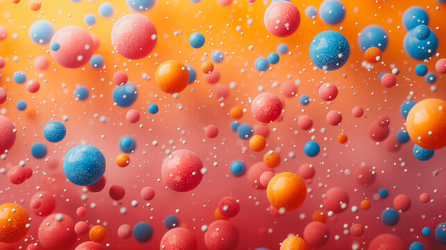 The abstract background, rich with multicolored spotted patterns, creates a vibrant contrast