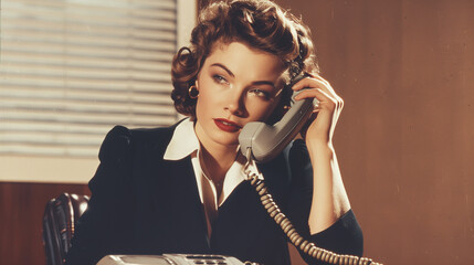 A woman in vintage office attire engages in a conversation on an old-fashioned telephone, epitomizing the professional style and communication of the mid-20th century.