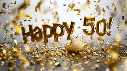 Celebrating 50, happy text in festive font, marking a joyful milestone, perfect for birthday invitations, anniversary announcements, or celebratory designs with a cheerful and vibrant theme