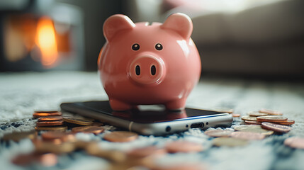 a piggy on smartphone amidst coins, showcasing the integration of financial management into mobile devices.