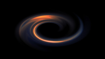 orange glowing spiral of red color on a black background. Creative texture, smooth lines swirl, movement on dark backdrop. Long exposure mixed light shooting. Creative futuristic desktop wallpaper.