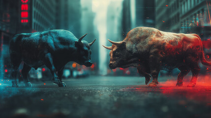 The intense fight between bulls, and the reflection of city background