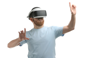 Naklejka premium Man using virtual reality headset on white background