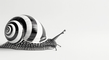 Striped snail on a white background. Black and white striped snail.	