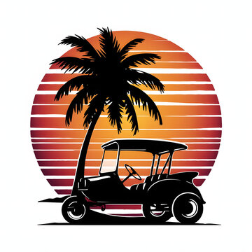 recommend clip art: Retro sunset, palm tree silhouette, beach vibes, a beach buggy silhouette in front of a vibrant orange and red sunset, isolated white background , t shirt printable for T-shirt design