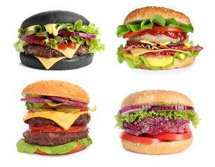 Different delicious burgers isolated on white, set