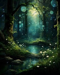 Fantasy forest with river and moonlight. 3d illustration.