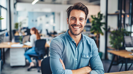 Fototapeta premium A cheerful man in a blue shirt confidently poses with arms crossed in a vibrant office space, surrounded by colleagues working in the background.