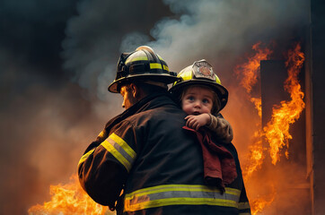Firefighter carrying child to safety from burning building