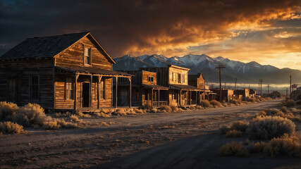Dramatic sunset illuminating a row of abandoned wooden buildings on a dirt road of a wild west town with mountains in background