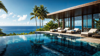 Fototapeta premium Infinity pool overlooking a tropical ocean with palm trees, blue sky, and a luxurious villa in the background